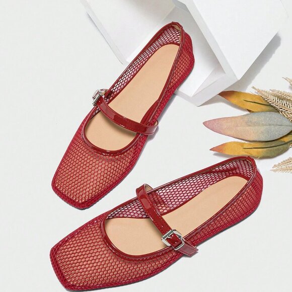 Red Fashionable Women's Ballet Flats Spring Square Toe Flat Shoes - Picture 1 of 7
